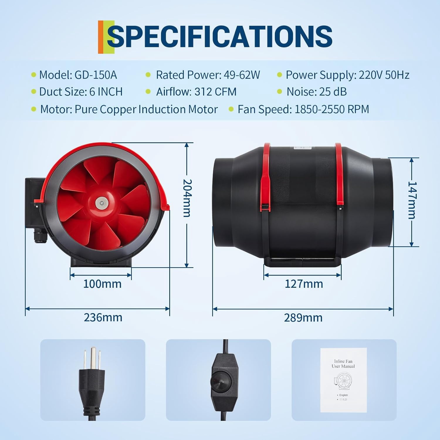 6 Inch Inline Duct Fan, 312 CFM Ventilation Exhaust Fan with Variable Speed Controller, Quiet AC-Motor Inline Fan for Cooling Booster, Grow Tents, Hydroponics, Black