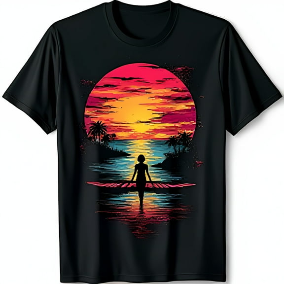 Colorful Sunset T-Shirt Woman on Dock with Trees Black Tee