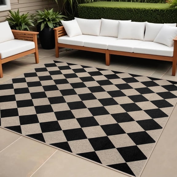 Easy Jute Black Checkered 5x7 Area Rug, Washable Modern Outdoor Rug for Patio Non-Slip Diamond Rugs for Living Room, Neutral Farmhouse Floor Carpet for Bedroom Dining Room Classroom
