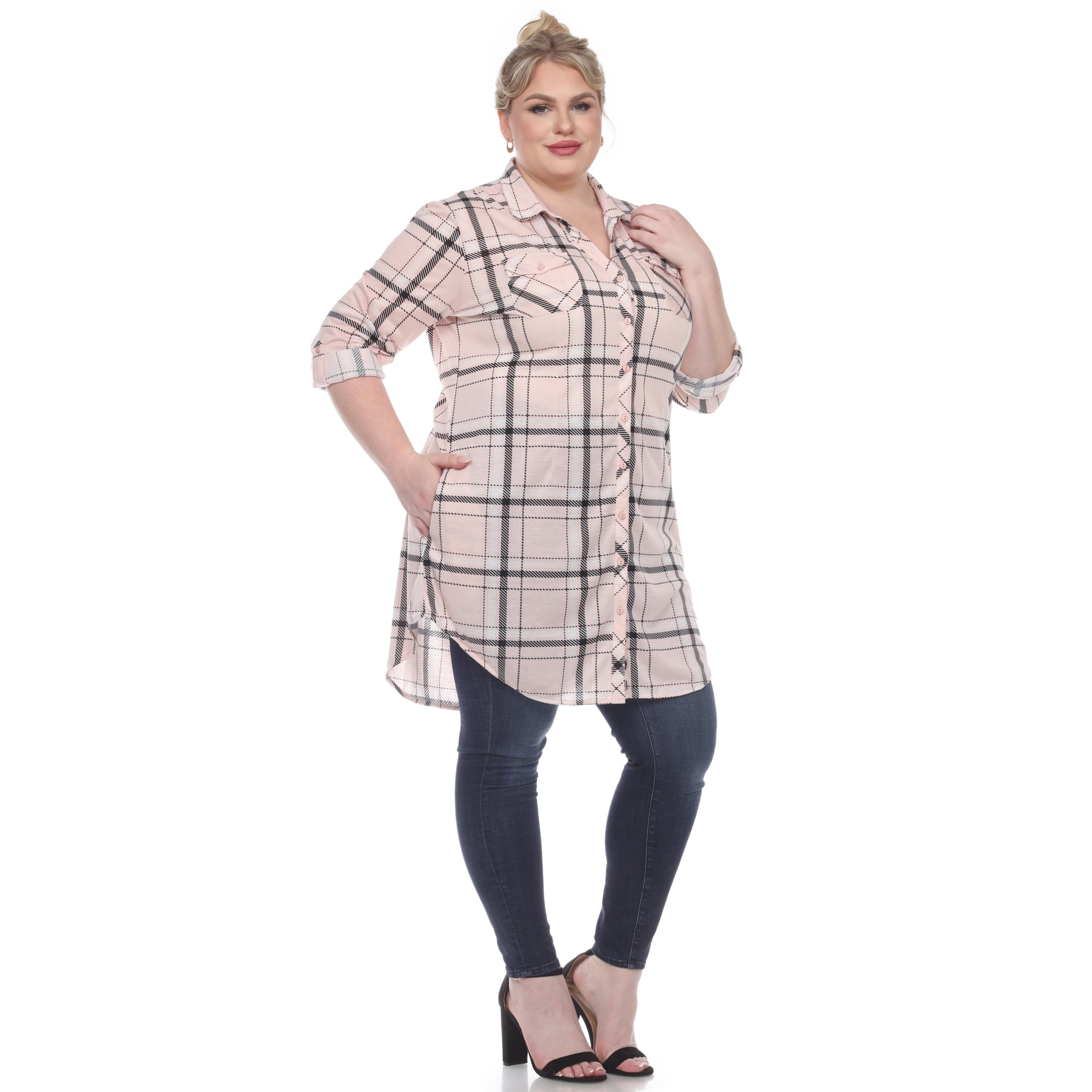 White Mark Women's Plus Size Windowpane Plaid Tunic Top