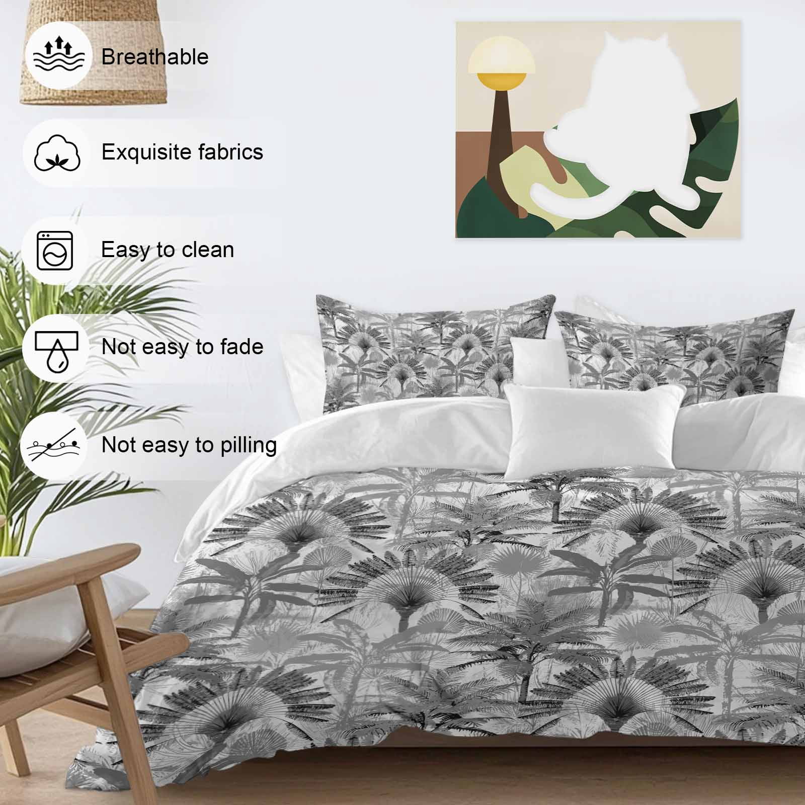 Grey Tropical Leaves Bedding 3 Piece Duvet Cover Set Full Size, Summer Palm Trees Botanical Soft Microfiber Comforter Cover with Zipper Closure & Pillowcases, Wrinkle & FadeResistant Quilt Cover