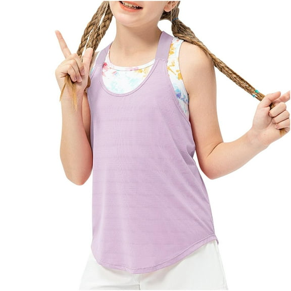 Zwiiyzr 2025 5-15Y Girls Crew Neck Racerback Workout Tank Tops for Teen Kids Active Casual Dance Crop Sleeveless Shirts Purple