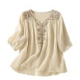 thumbnail image 1 of Camiseta de Trabajo de Manga Corta con Cuello en V Bordada con la Sensación de Lino, Transpirable Poliéster Spandex Top Casual para la Oficina de Verano, 1 of 7