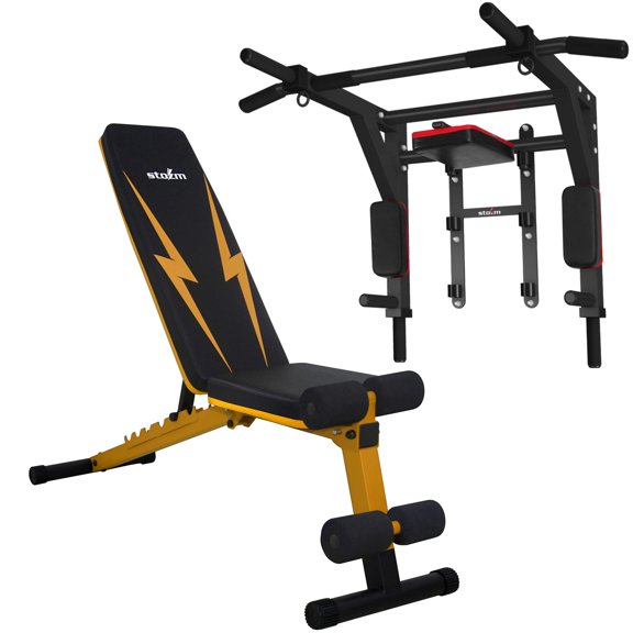 STOZM Combo of Deluxe Pull Up Bar (Black) & Multi-Purpose Deluxe Adjustable Weight Bench - Multiple Color Options (Amber)