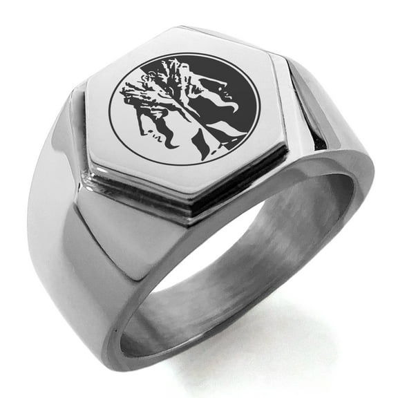 Stainless Steel Janus Greek God of Beginnings Engraved Hexagon Crest Flat Top Biker Style Polished Ring