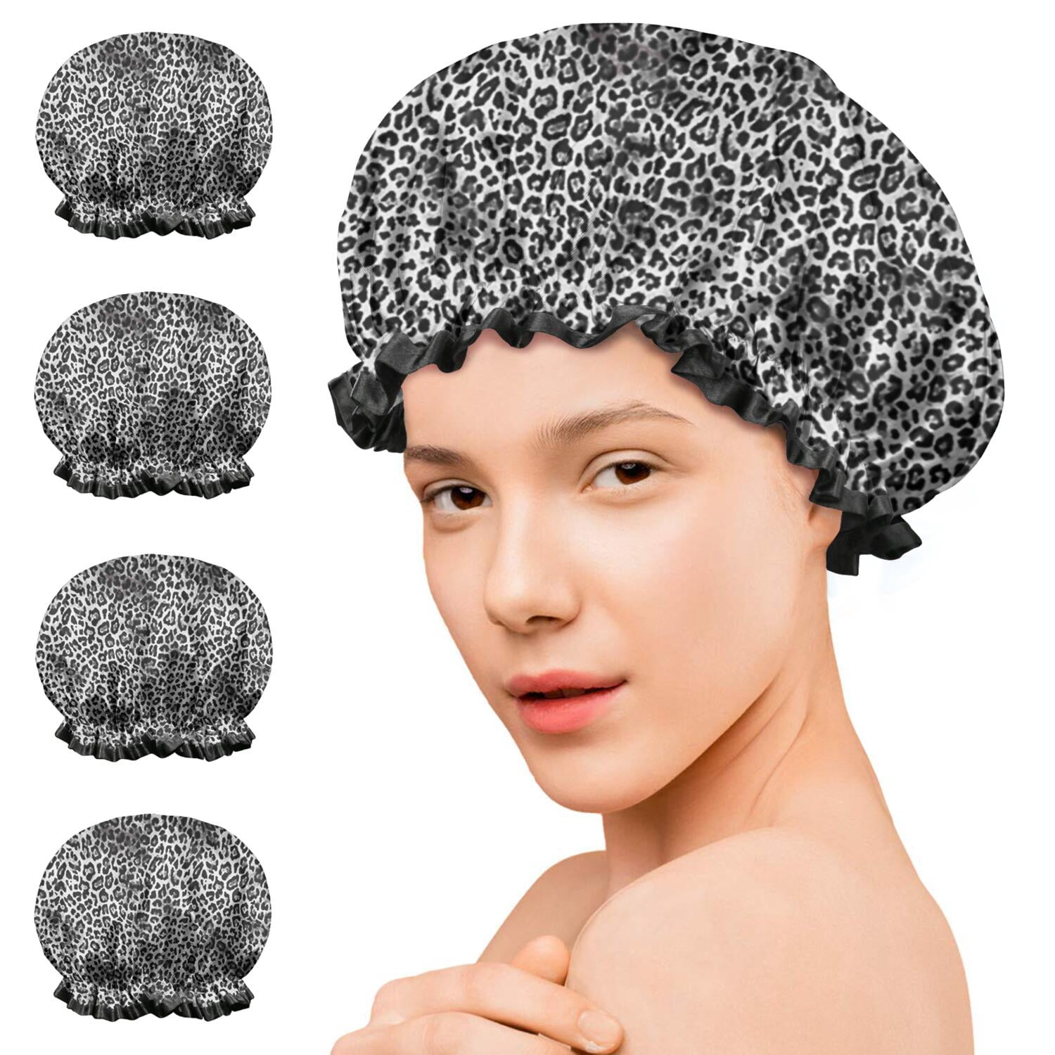 Shower Caps,Black and Tan Leopard Print Waterproof Shower Cap for Women 4 Pieces,Double Reusable Hair Cover for Shower PEVA Elastic Stretch Hem