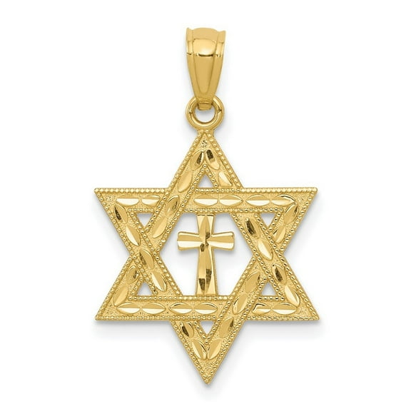 14k Yellow Gold Solid Polished Sparkle Cut Religious Judaica Star of David With Religious Faith Cross Pendant Necklace M