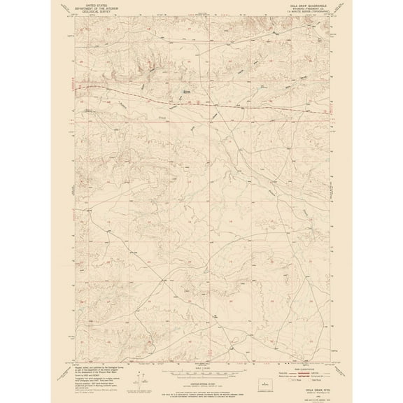 Topographical Map - Ocla Draw Wyoming Quad - USGS 1952 - 23 x 30.73 - Vintage Wall Art