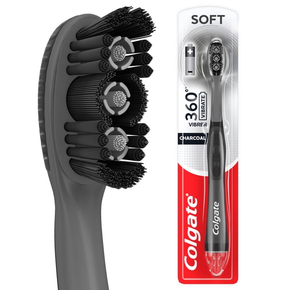 Colgate 360 Vibrate Charcoal Battery Powered Electric Toothbrush with Soft Bristles, 1 Pack