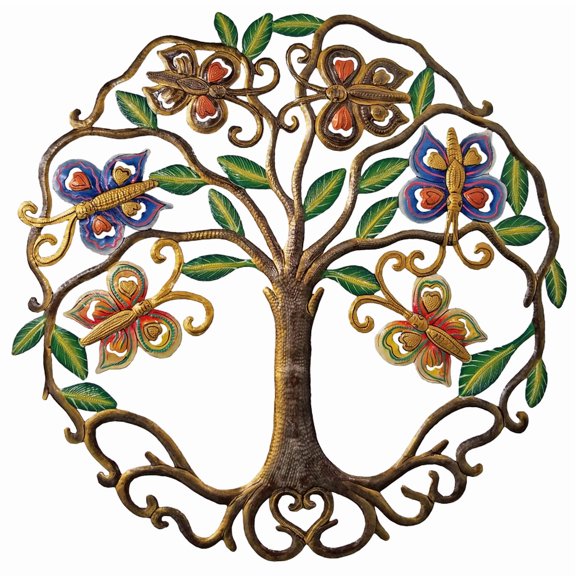 Haitian Recycled Steel Oil Drum, Metal Hanging Wall Art, 23" Painted Butterfly Bush