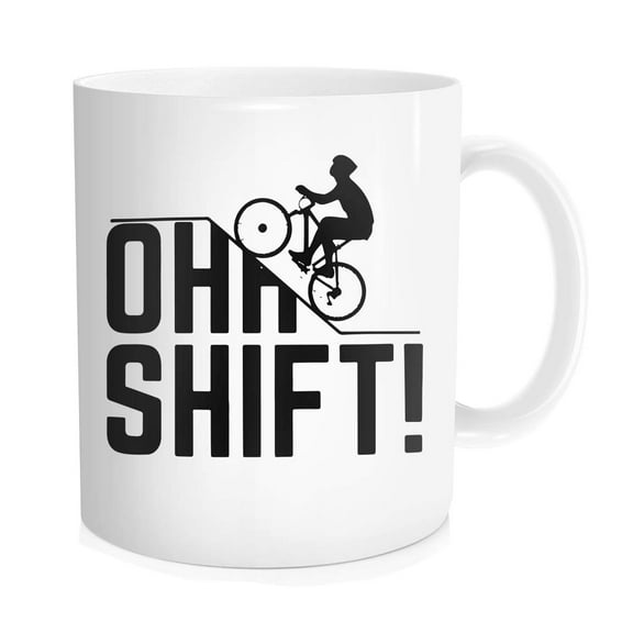 Waldeal Oh Shift Cycling Coffee Mug 11 oz, Mountain Biker Funny Uphill Cyclist, Gift for Biking Rider Bike Lover, White Bone Ceramic Tea Cup