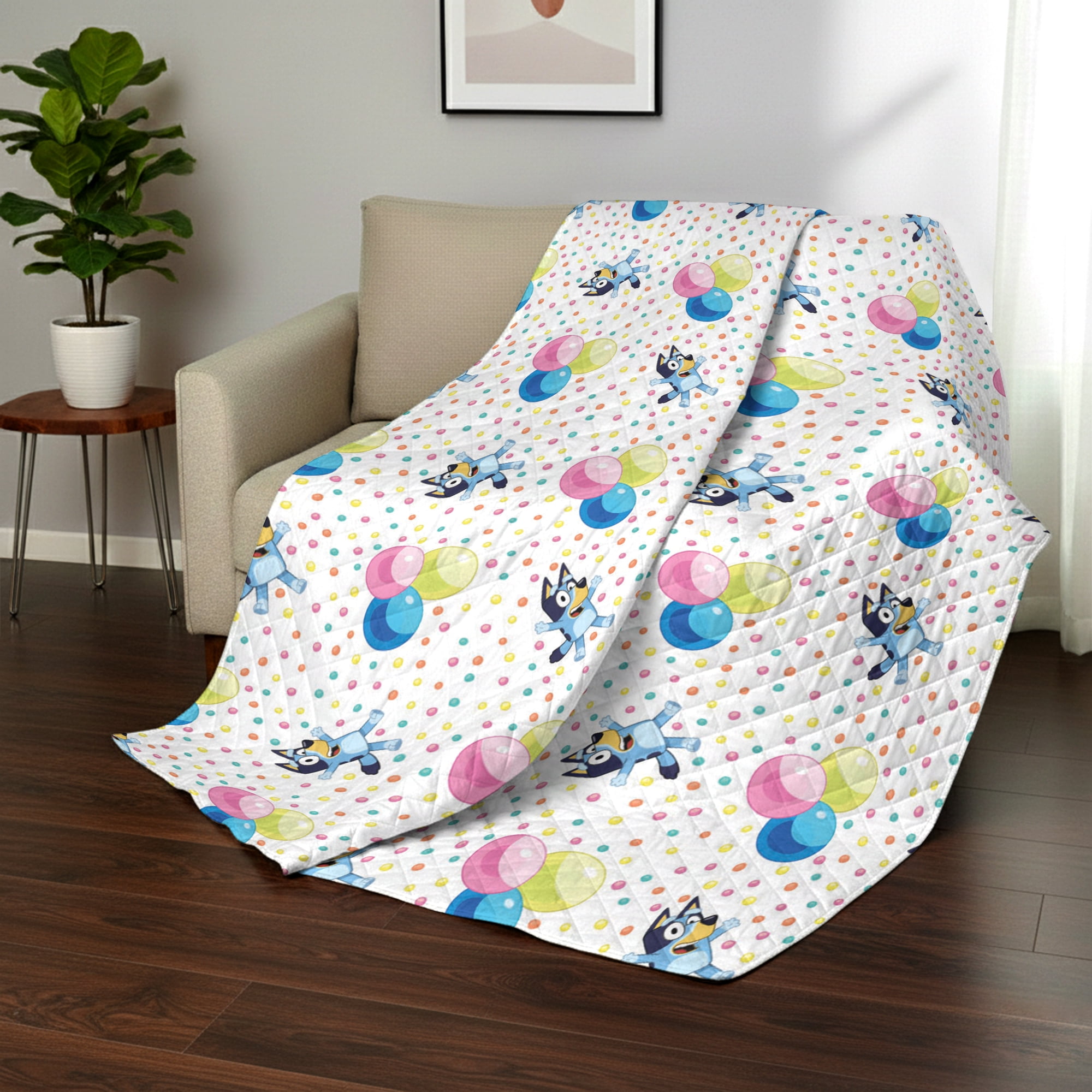 Bluey Balloon Celebration Quilted Throw Blanket 60x80 inches, Kids Character Bedding