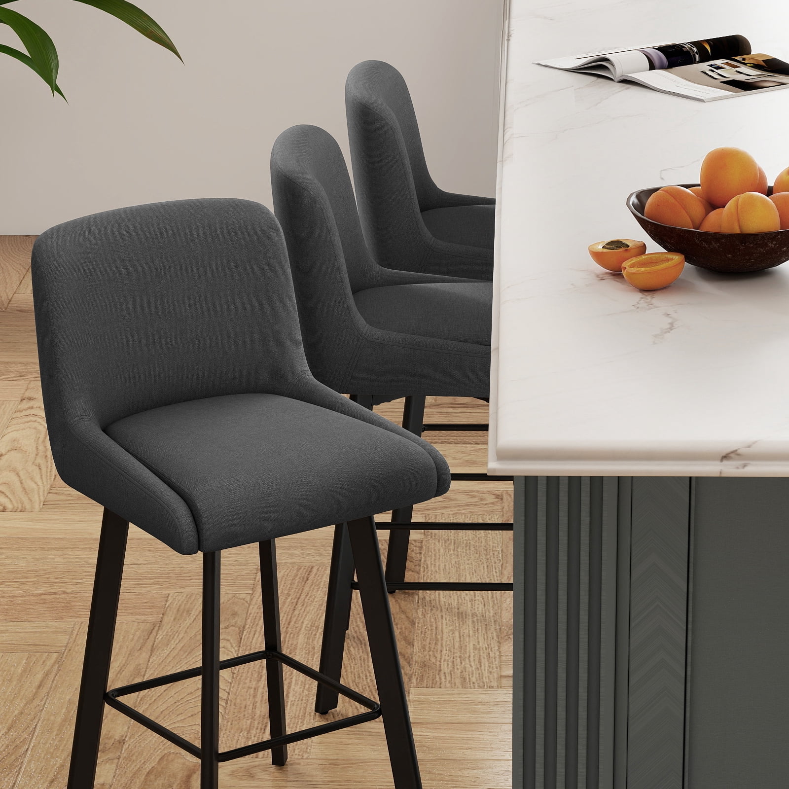 MultiHaven 26.1-Inch Bar Stools Set of 3,Swivel Counter Height Bar Stool with Back & Metal Legs,Fabric Island Chairs Suitable for Kitchen,Bar,Cafe - Black Gray