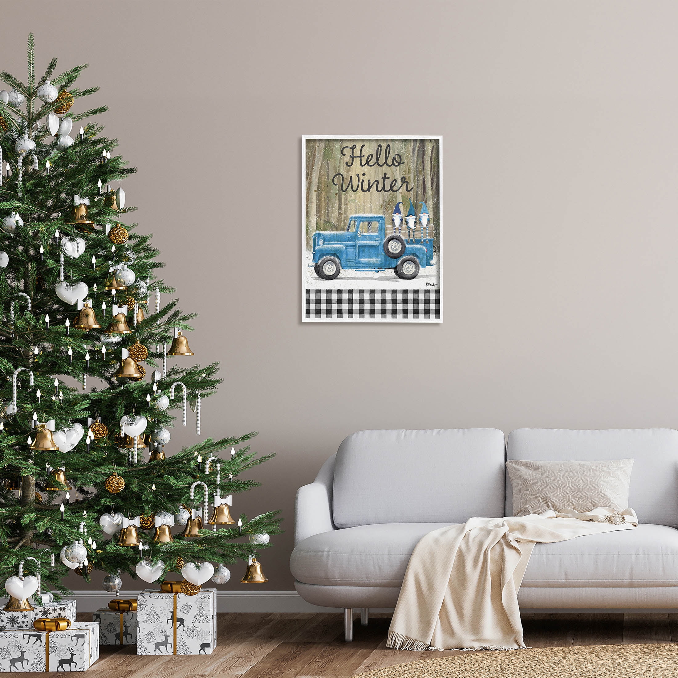 Stupell Industries Hello Winter Plaid Gnomes Graphic Art White Framed Art Print Wall Art, Design by Paul Brent