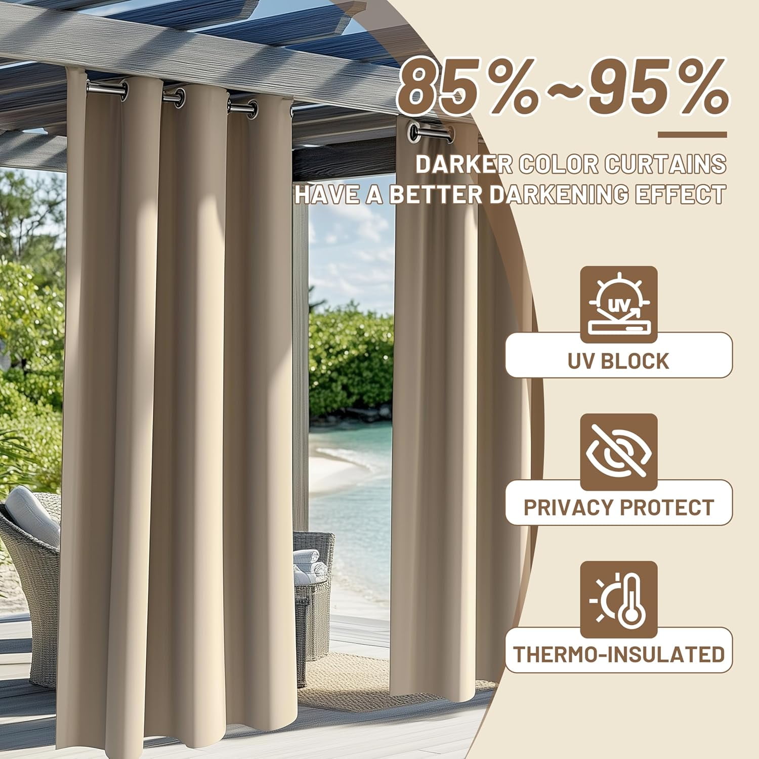 AMGO Brown Outdoor Patio Curtain - Waterproof, 54 W x 108 L inch, 1 Panel - Weatherproof Privacy for Porch, Deck & Backyard