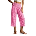 thumbnail image 4 of Nmnitkp Women's Gingham Plaid Capri Pants with Pockets Drawstring Elastic Waist Straight Leg Casual Summer Cropped Trousers for Beach Lounge Daily Errands Wear Pink,L, 4 of 8