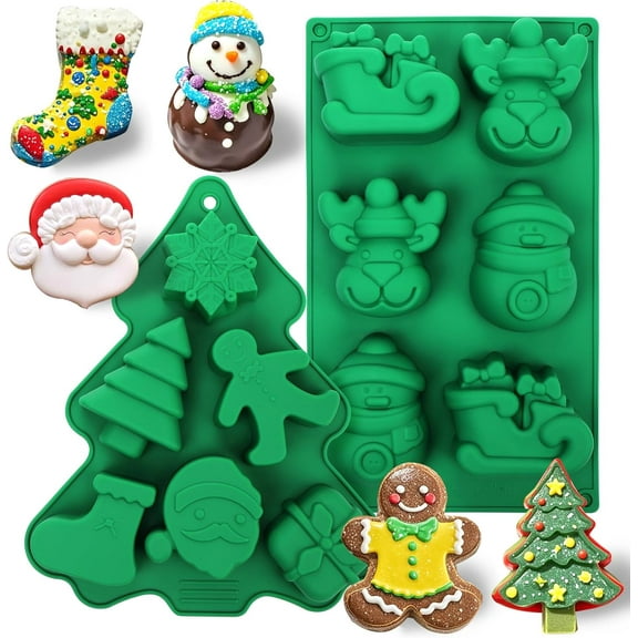 Christmas Silicone Molds, 12 Cavities Christmas Chocolate Mold Deep, 3D Christmas Trees Christmas Stockings Gingerbread Man Silicone Molds for Baking Chocolate Candy Cake Jelly Cookie Green Green