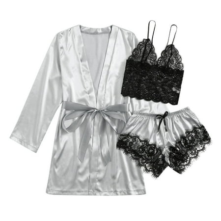 

Knosfe Eyelash Sleepwear 3 Piece Lace Pajamas Set for Women Bra Pjs XXL