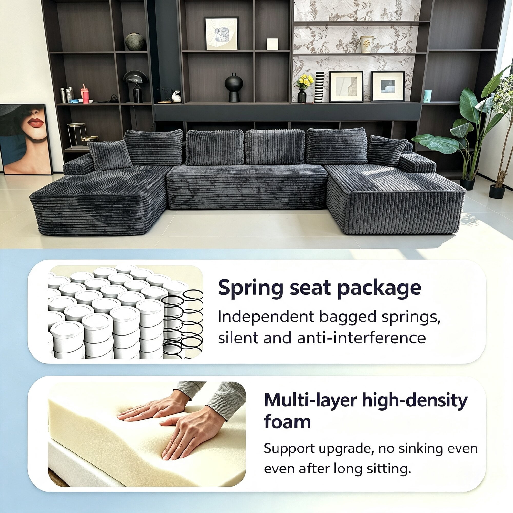 U Shape Cloud Sectional Sofa 131 Inch, Modular Corduroy Couch for Living Room Bedroom, No Assembly Required, Gray