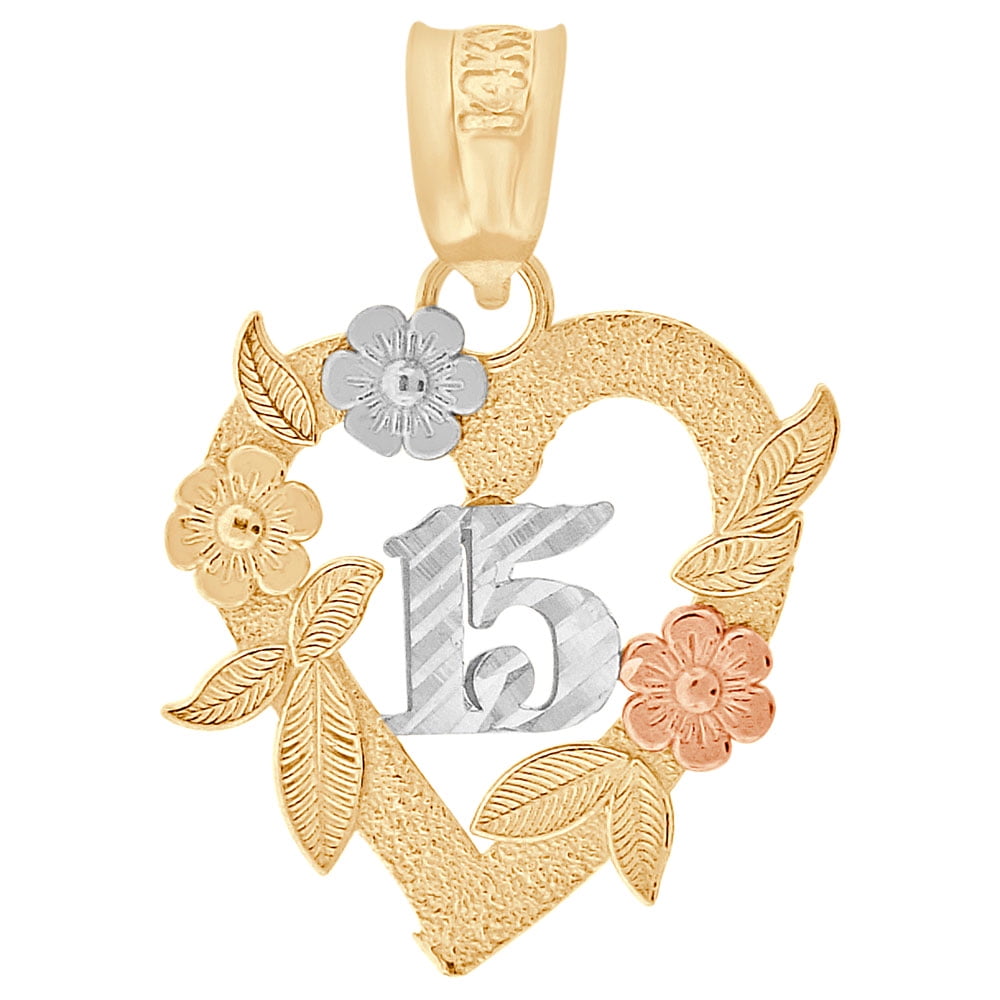 14k Tricolor Gold, 15 Anos Quinceanera Heart Pendant Charm 18mm NO Necklace