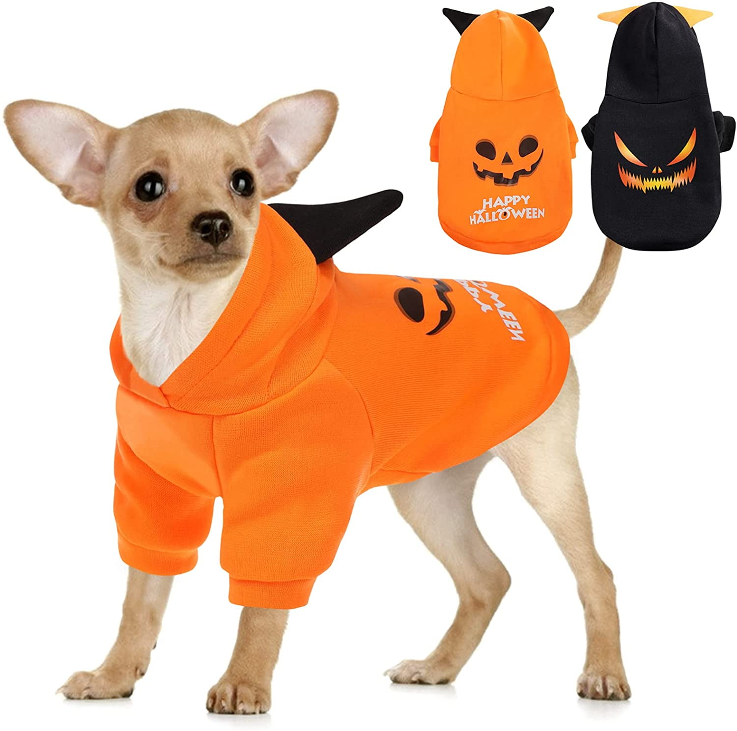 Halloween Devil Dog Hoodies with Hat Funny Cat Clothes Pumpkin Demon Design Warm Pet Suit Two-Legged Costume for Small Medium Dogs