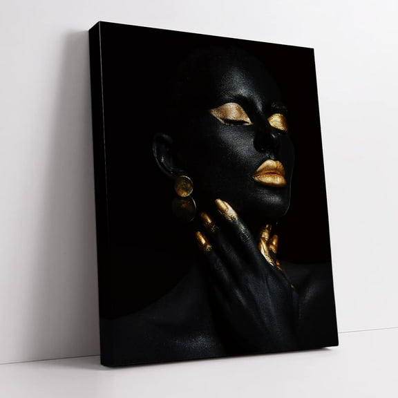 Wall Art Canvas Painting with Unframed Golden Makeup Black Woman Portrait Artwork African American Wall Art Modern Wall Decor For Living Room Bathroom Hallway