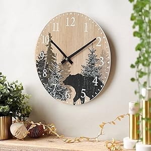 Rustic Wood Wall Clock with Black Bear and Pine Trees, 11.8 Silent Non-Ticking Cabin Decor Clock for Living Room and Bedroom