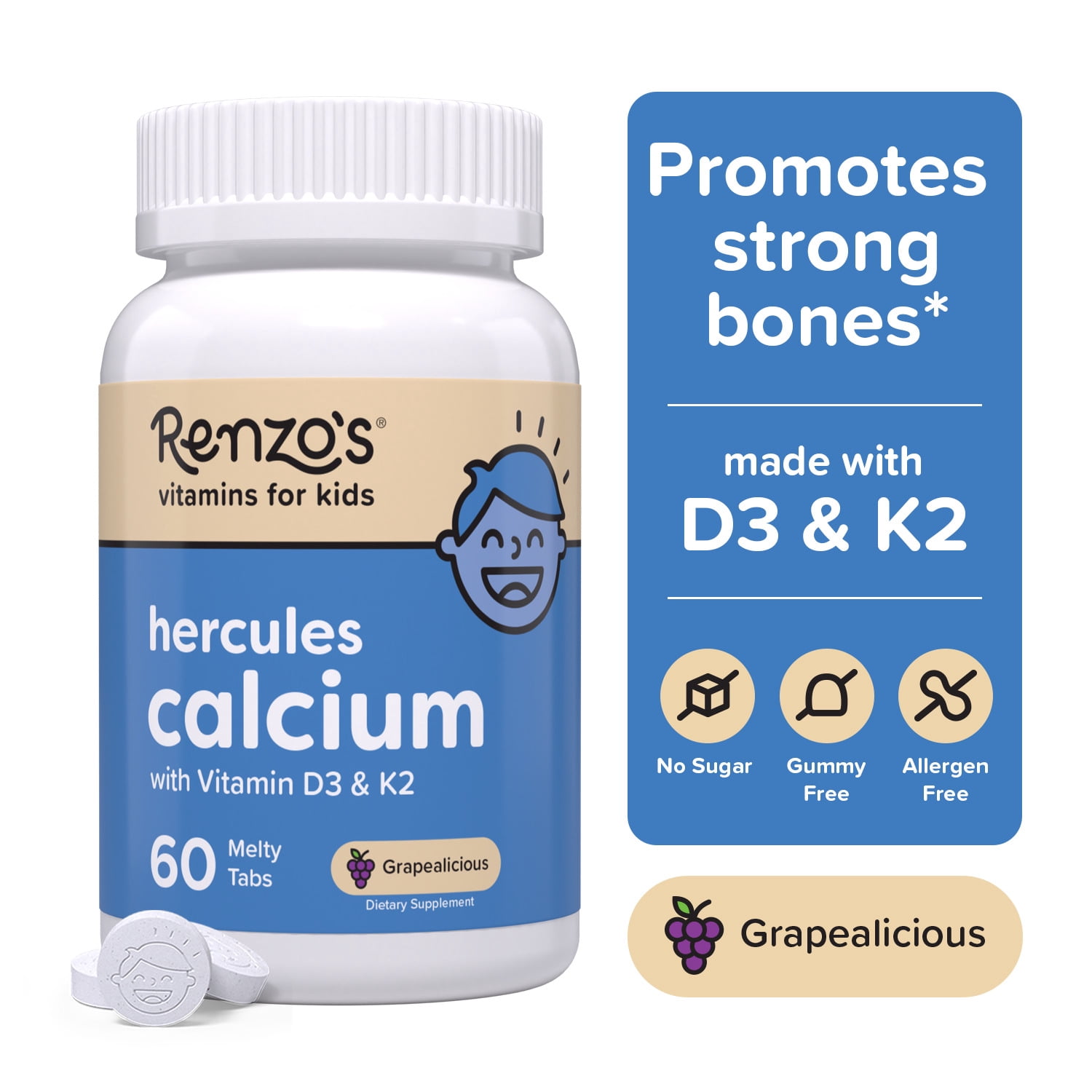 (3 pack) Renzo's Hercules Calcium Supplement with Vitamin D3 & K2 - Dissolving Kids Vitamins - 60 Grape-Flavored Melty Tabs