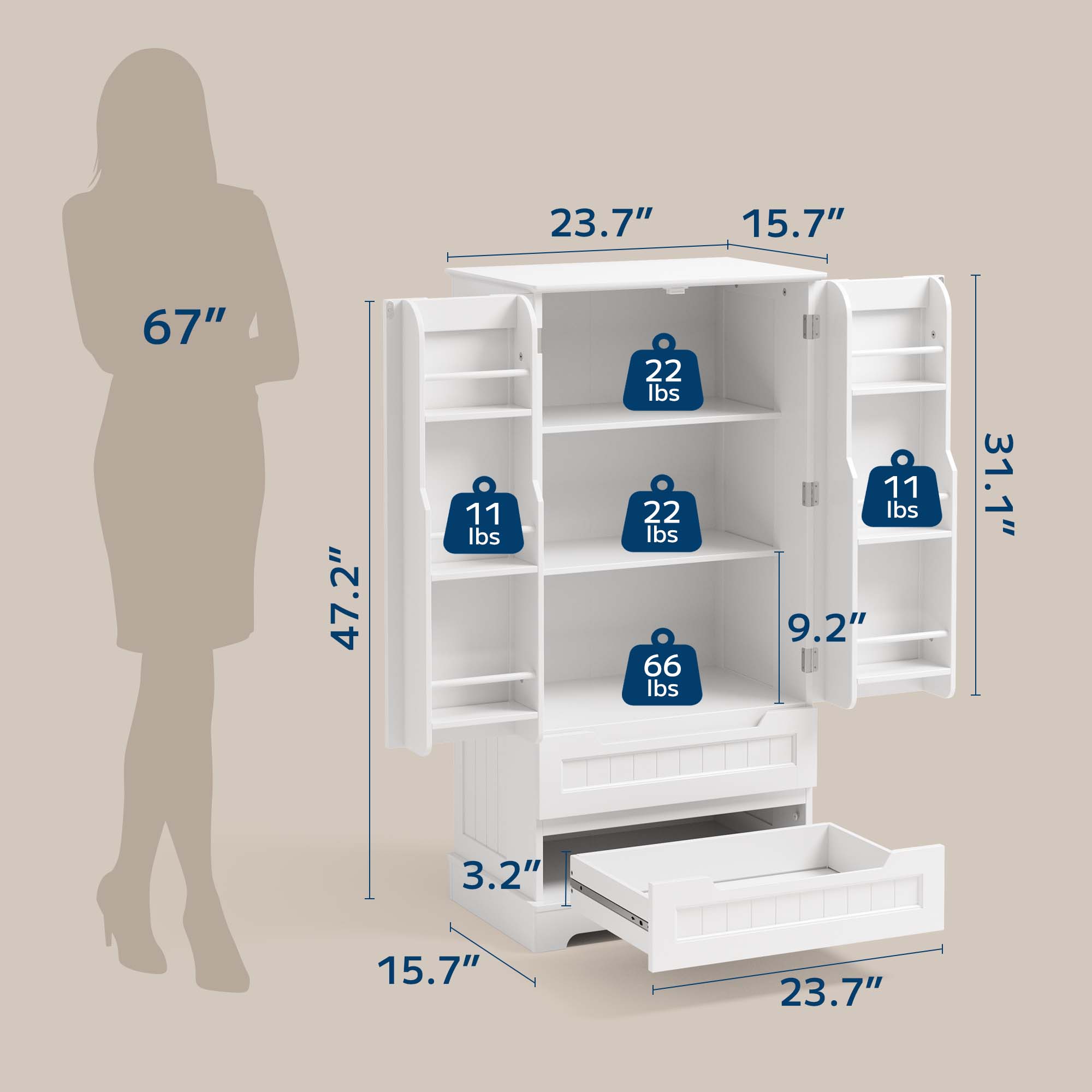 Pantry Storage Cabinet with 2 Drawers，Asofer 47" Kitchen Small Food Pantry Cabinet for Dining Room, White