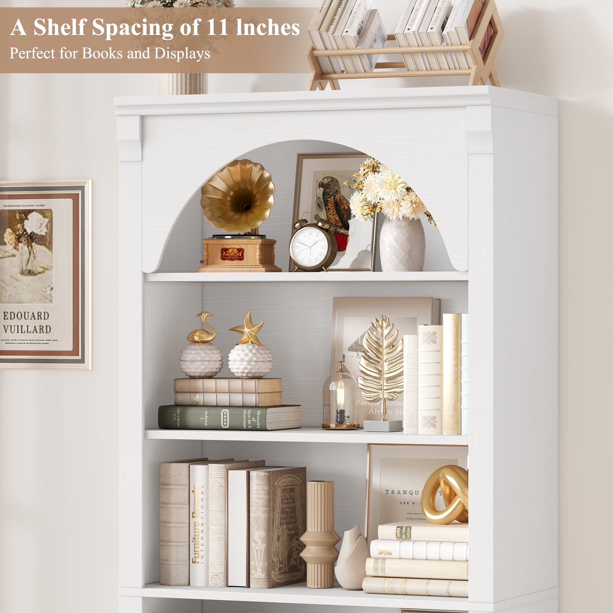Homfa 6-Tier Bookcase with Arched Top and Pilasters, 72.8" H Accent Bookcase with Bark Grain Texture, White