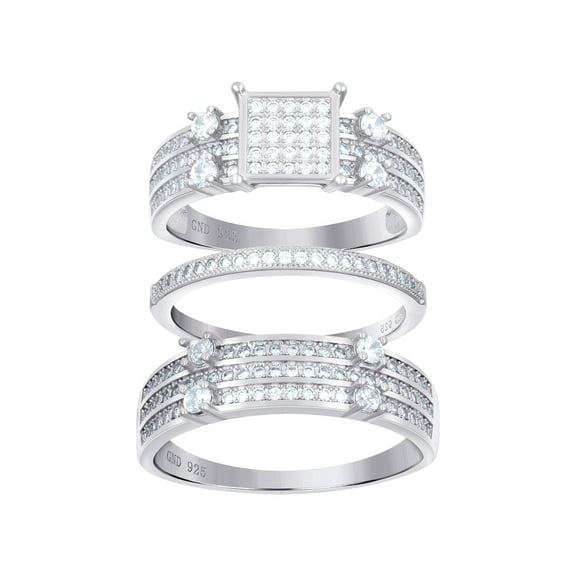 925 Sterling Silver His and Hers Cubic Zirconia Square Head Trio Ring Set Size 6 Ring for Women
