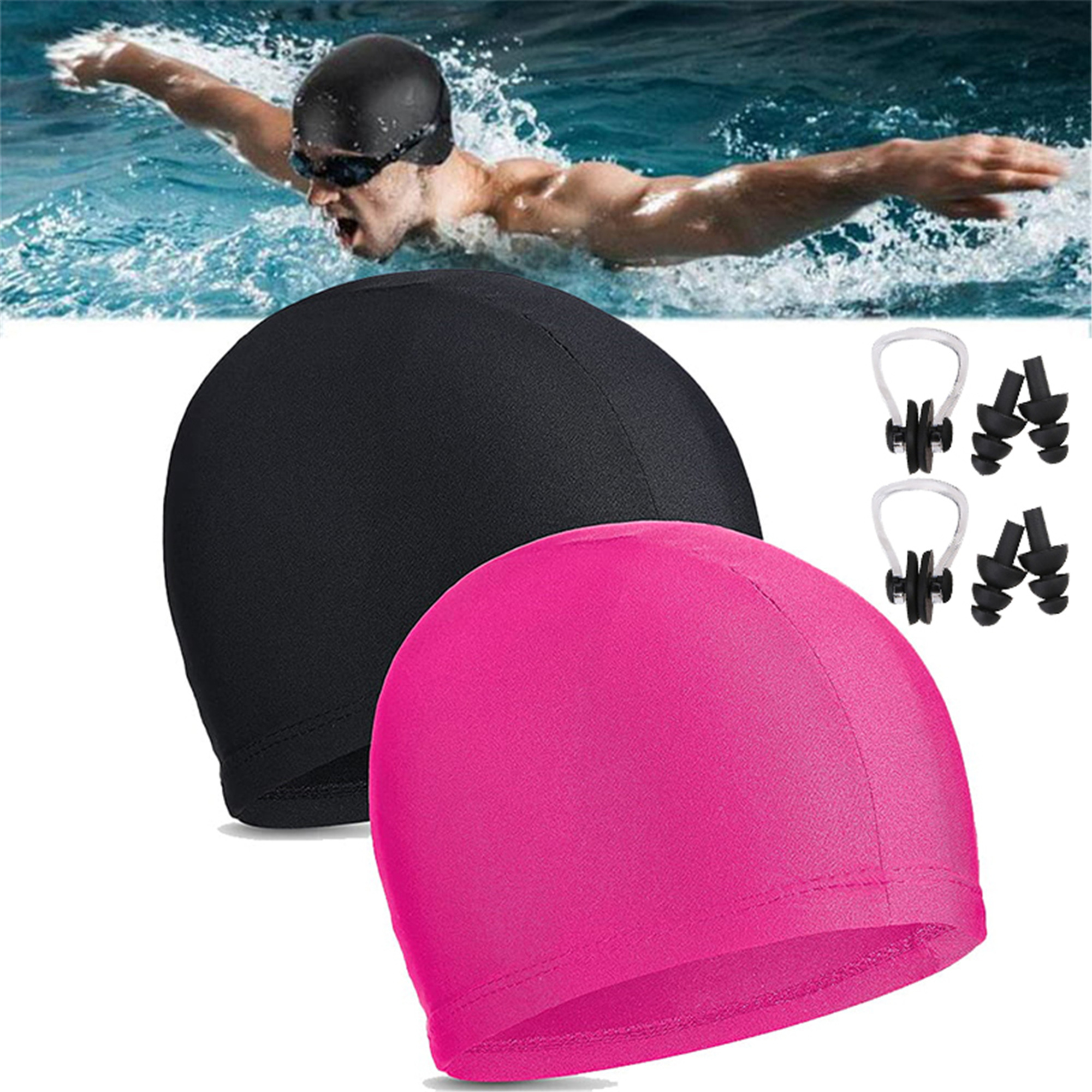 Elbourn 2 Pack Swim Caps for Women Men, High Elasticity Spandex Fabric