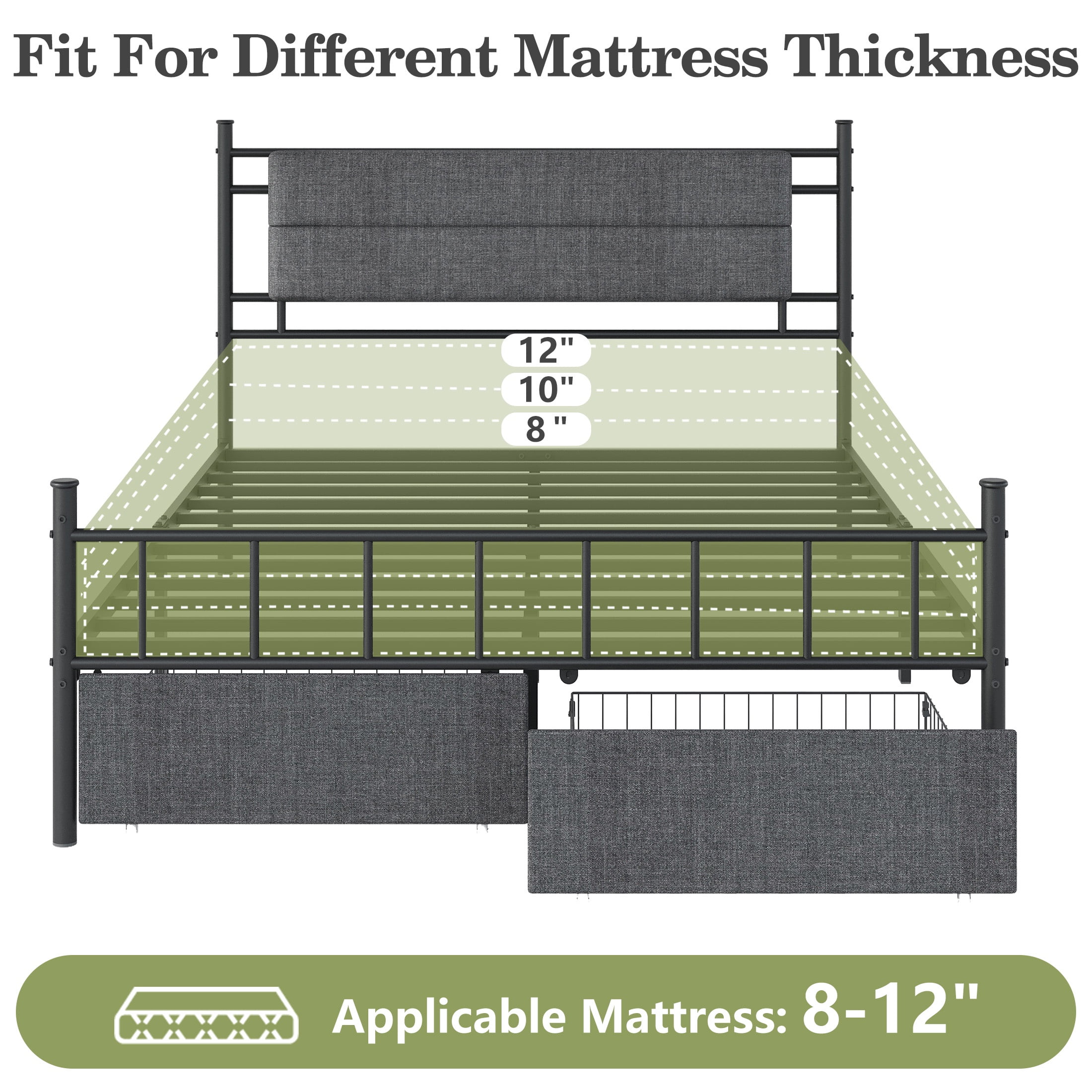 FullSize Bed Frame, HSUNNS Upholstered Full Size Canopy Bed Frame with 2 Storage Drawers, Headboard and Footboard, Metal Platform Bed with Under-Bed Storage, No Box Spring Needed, Black+Gray
