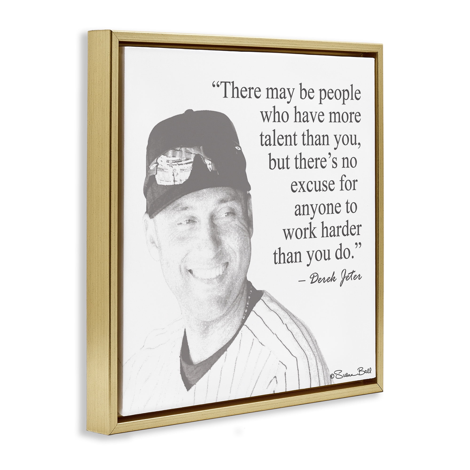 Stupell Industries Work Hard Derek Jeter Quote Inspirational Painting Gold Floater Framed Canvas Art Print Wall Art, 18 x 18