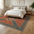 thumbnail image 3 of ODIKA 6'x9' Terracotta Sunburst Washable Area Rug Intricate Geometric Motifs With Floral Accents And Bold Borders for Queen Size Bedroom, Under Bed, Master Suite, Easy Care, Non-Shedding, 3 of 7