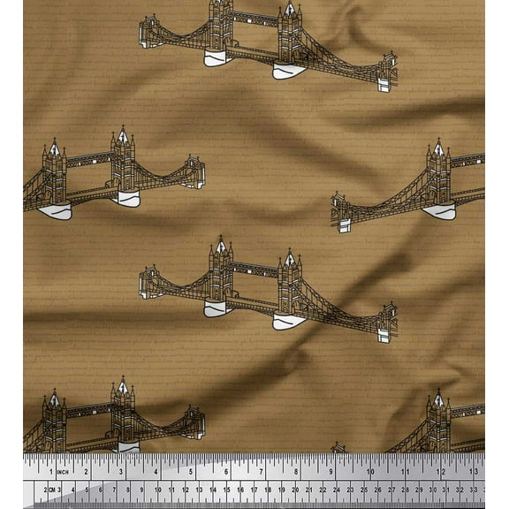 Soimoi Brown Rayon Fabric Text & London Bridge Architectural Print Sewing Fabric Yard 42 Inch Wide