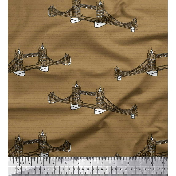Soimoi Brown Cotton Voile Fabric Text & London Bridge Architectural Print Fabric by Yard 42 Inch Wide