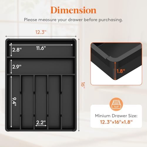 Silverware Drawer Organizer Tray, Plastic Cutlery Storage for Kitchen, Flatware and Utensil Holder Divider for Spoons Forks Knives Tableware, 12.3 x 16", 7 Slots, Black