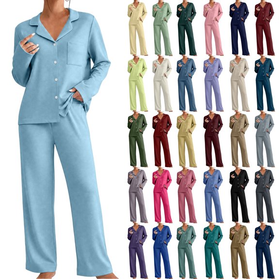 Womens Plus Size Pajama Sets Long Sleeve Button Up Pjs and Casual Wide Leg Pants Knit Solid Color Fall Sleepwear Set with Pocket Size S-5XL