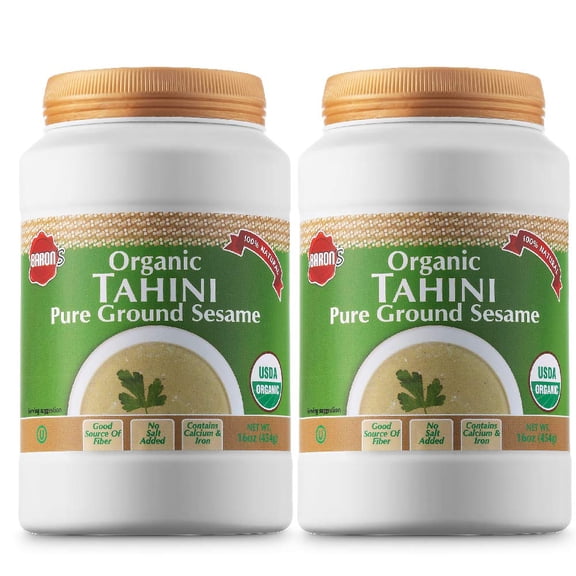 2pk Baron's USDA Organic Tahini Pure Sesame Paste 16oz each Rich & Creamy for Hummus, Baba Ghanoush & Dressings | Kosher, Vegan, Unsalted Ground Seeds | Gluten- & Peanut-Free, Keto-Friendly