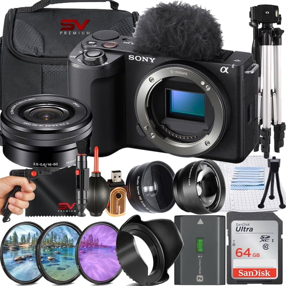 Sony ZV-E10 II Mirrorless Camera (Black) with 16-50mm Lens   64GB Memory Card   Case   Filter Kit   SV Premium Accessory Bundle (International Model)