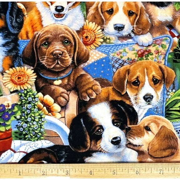 1 Fat Quarter - Adorable Puppies Dogs Cotton Fabric - 21" X 18"