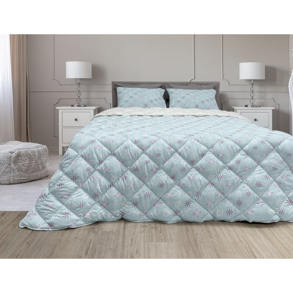 Winter Comforter & Sham Bedding Set, Snowflake Shapes Xmas Celebration Winter Season Holiday Happy New Year Noel, 3 pcs Duvet Set Microfiber Filling Quilt, 5 Sizes, Pale Blue and White, by Ambesonne
