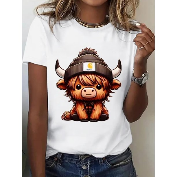 Women's Fashion Casual Sports T-Shirt, Cute Cartoon Cow Print, Round Neck, Polyester, Stretch Knit Fabric, All Seasons, Ladies Leisure Sportswear Tee For Adult, Men, Women, Teen, Teenager, Adolescent