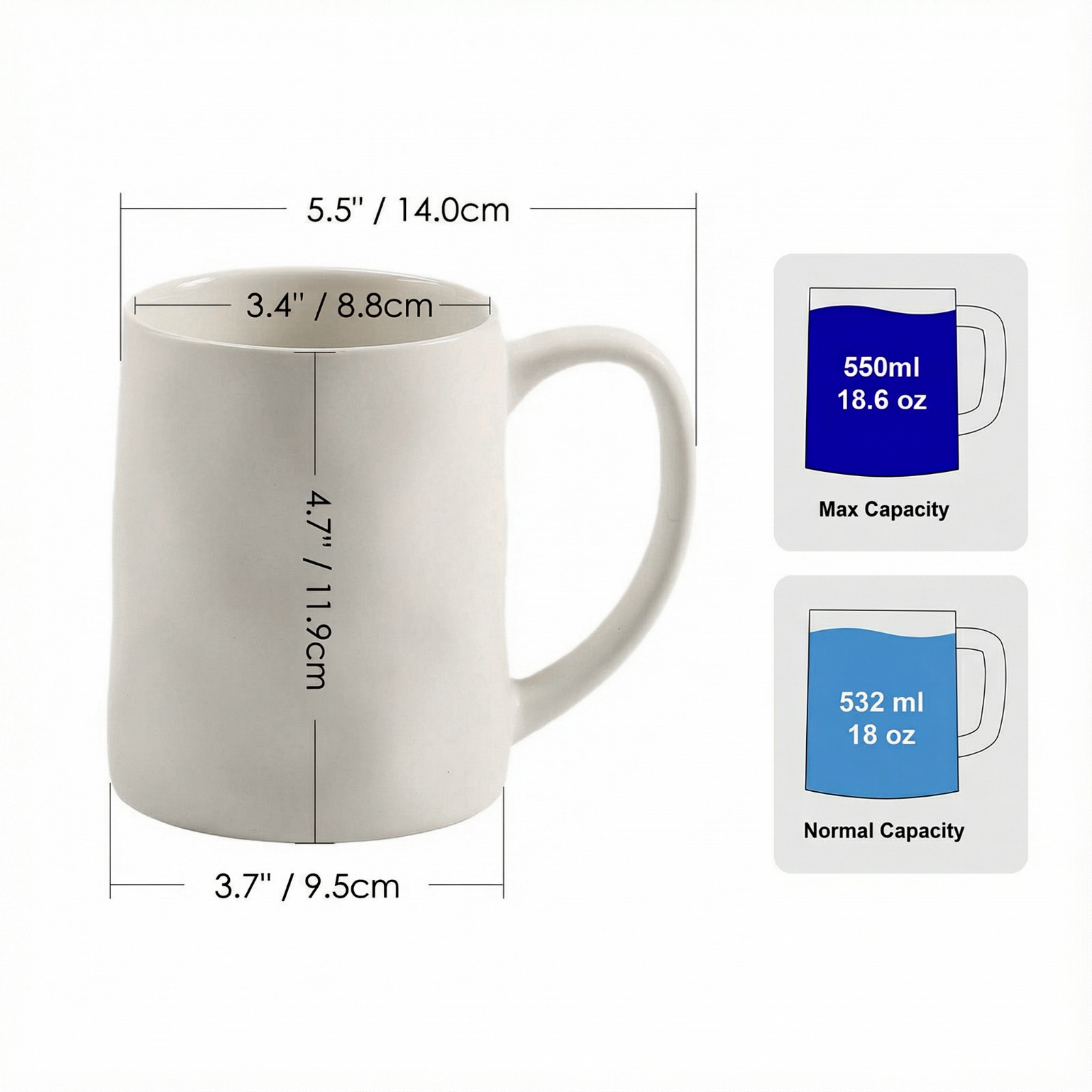 White Coffee Mug Set of 4, 18 OZ Large Ceramic Mug With Handle, Bone China Porcelain Cups for Espresso Latte Tea Milk