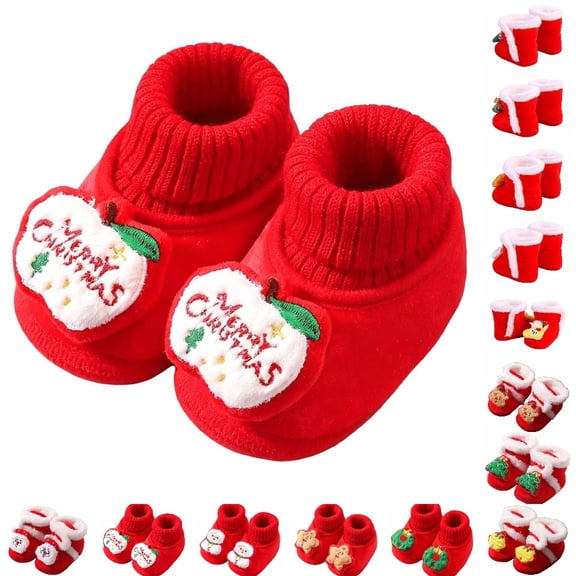 GPOECD Baby Slippers Christmas Sock Booties Non Soft Sole Crib Shoes Cute 3D Xmas Embroidered for Boys Girls Cozy Slippers Home Wear