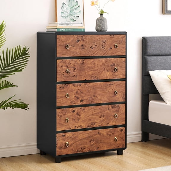 EastVita 47 Inch Modern Elegance Amber Wood Veneer 5 Drawer Chest Storage Cabinet with Golden Drawer handle for Living Room Bedroom Entryway
