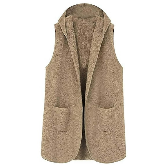YUGYXL Womens Sleeveless Sherpa Vest with Pockets Lapel Open Front Fleece Cardigan Sweater Fuzzy Jacket Coat Khaki L
