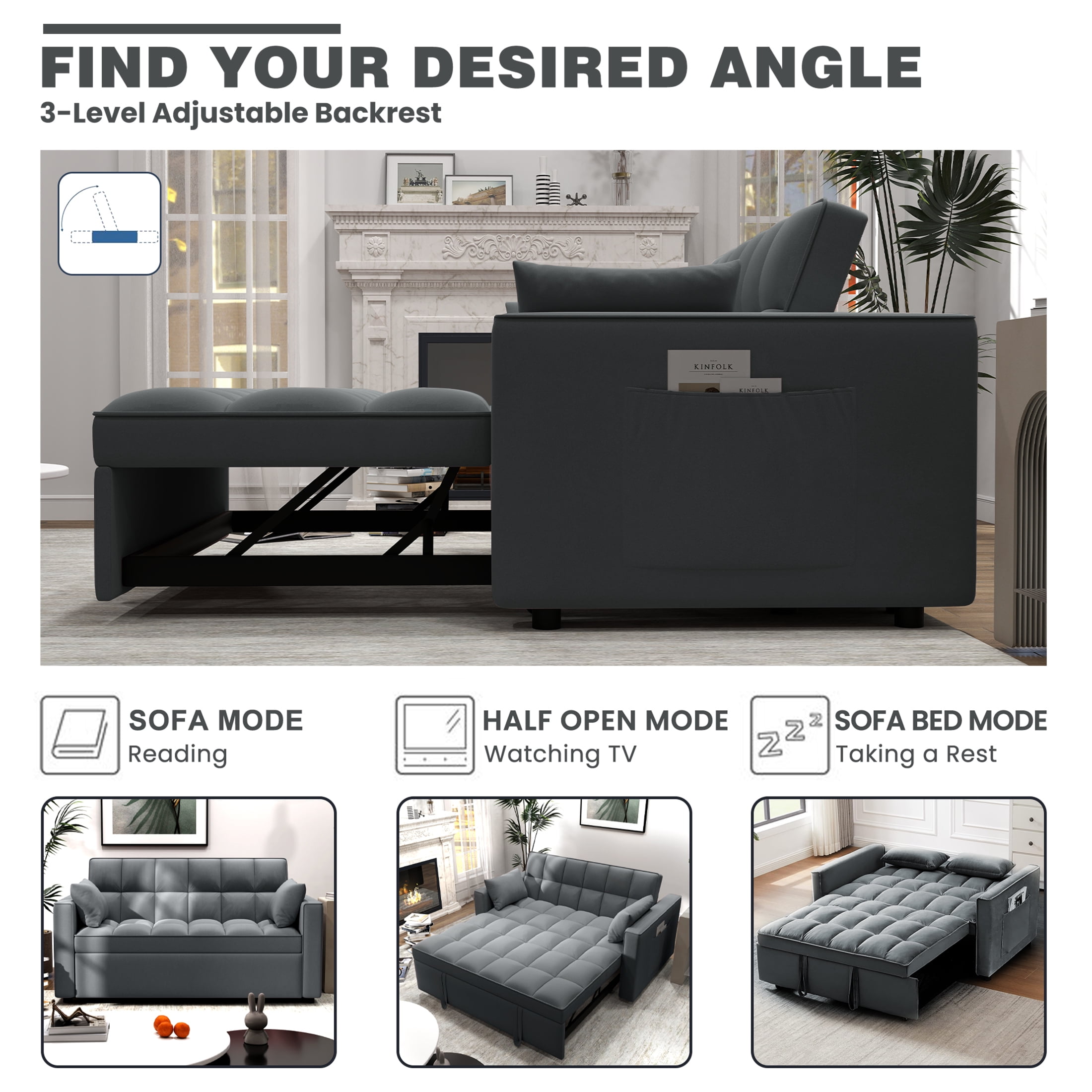 DEALTOPS Loveseat Convertible Pull Out Sleeper Sofa Bed, Gray
