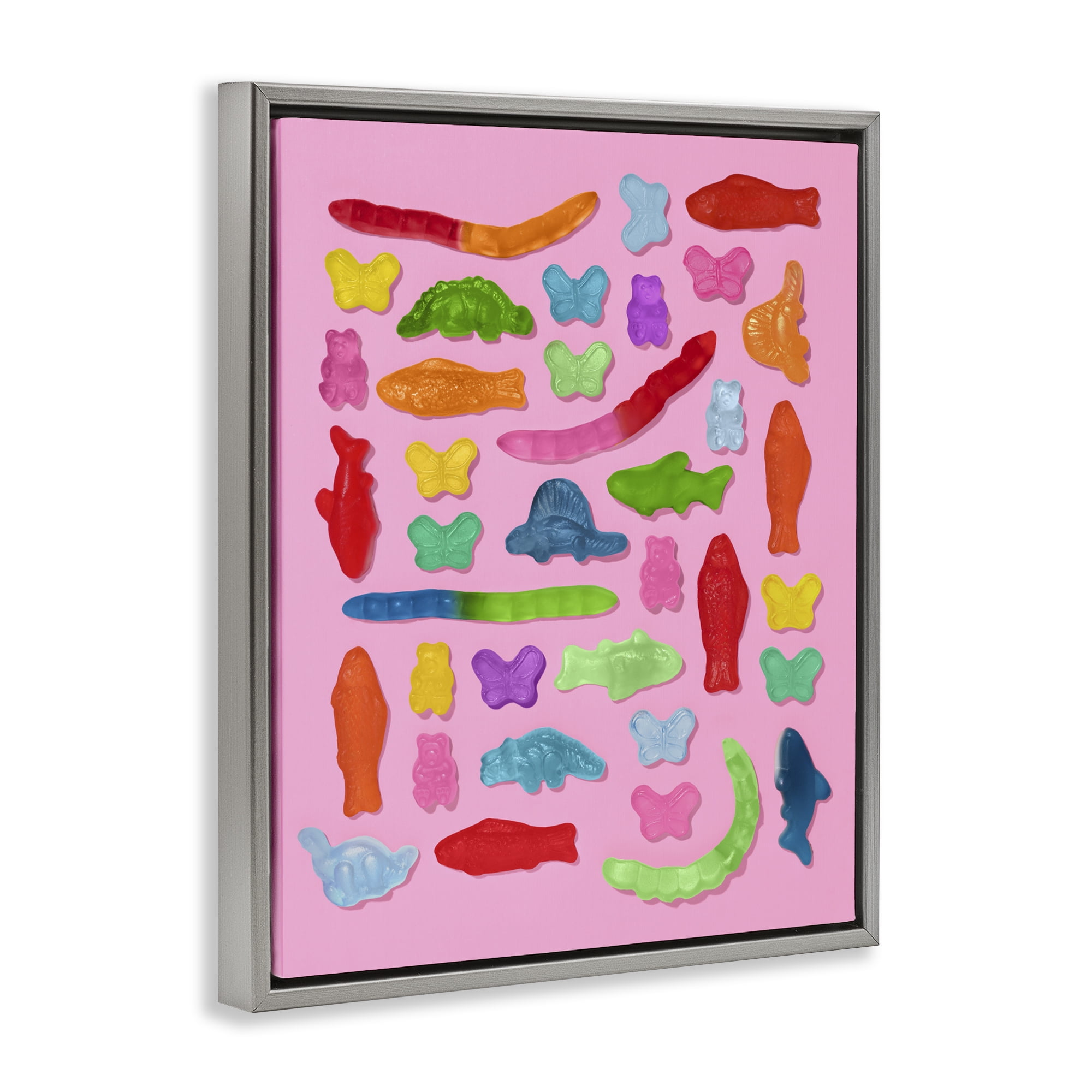 Stupell Industries Pink Gummy Animal Collage Gray Framed Floater Canvas Wall Art, design by LISH Creative